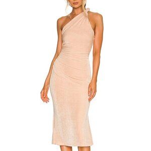 New Misha Size 12 Rose Gold Dune One Shoulder Ruched Midi Dress